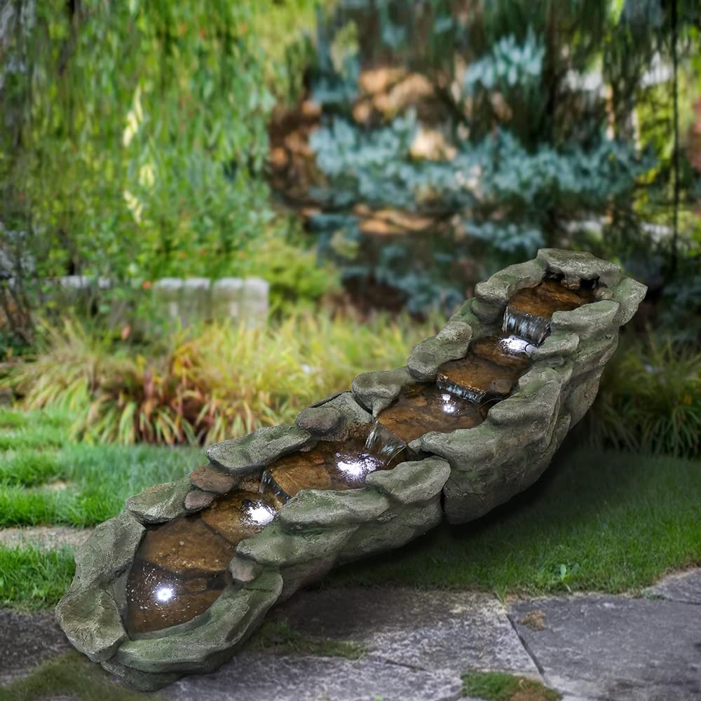 Outdoor Rock Water Fountain with LED Lights, 83.4" L x 22" W x 20" H River Stream Waterfall Feature for Home Garden