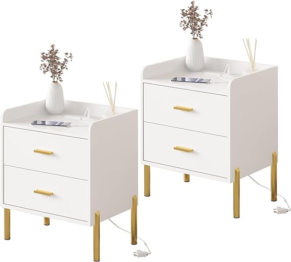 2 Drawer White Nightstand for Bedroom, Mid Century Modern End Table with Charging Station Farmhouse Storage Night Stand Side Table with USB Ports and Outlets for Living Room