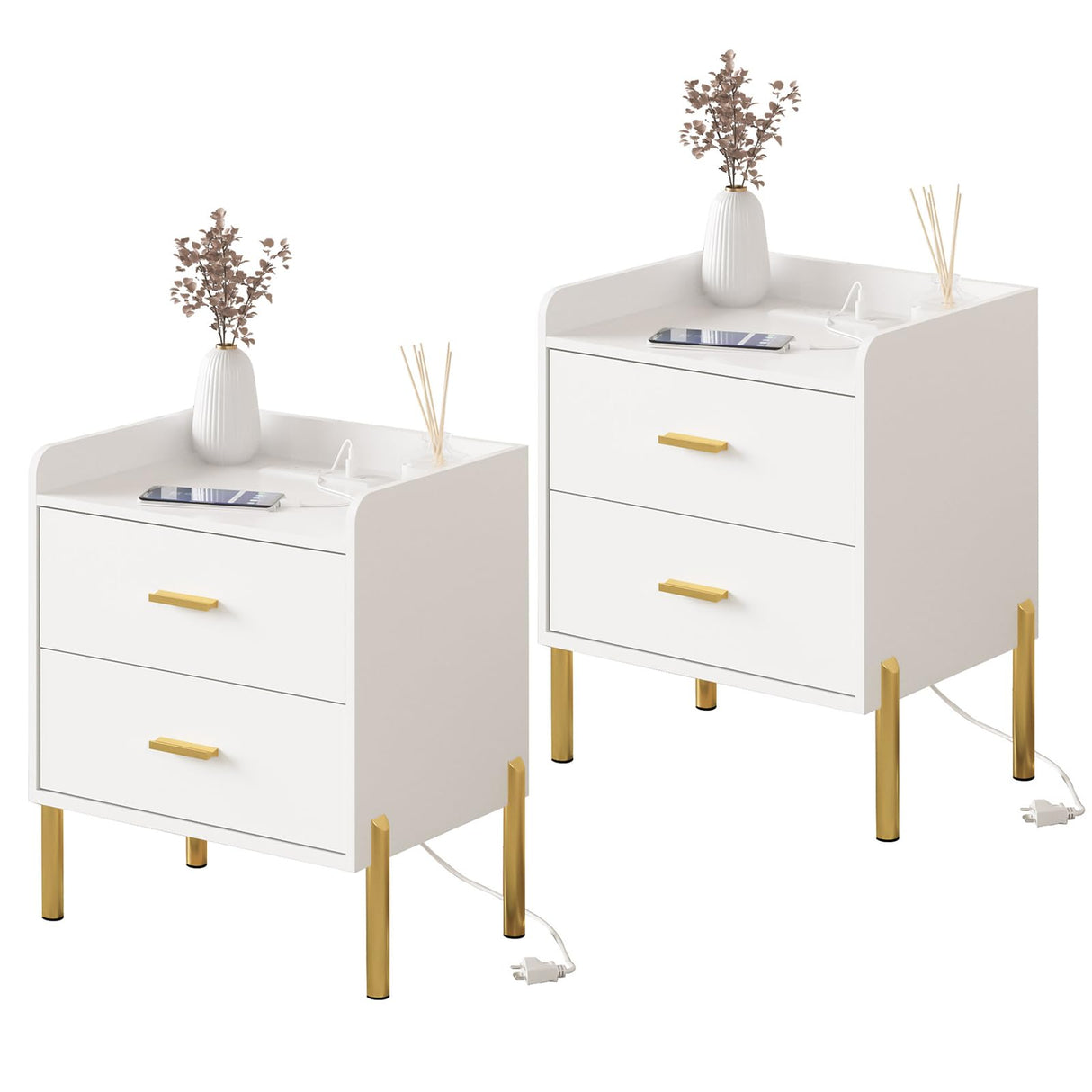 White Nightstand Set of 2,Mid Century Modern End Table with Charging Station