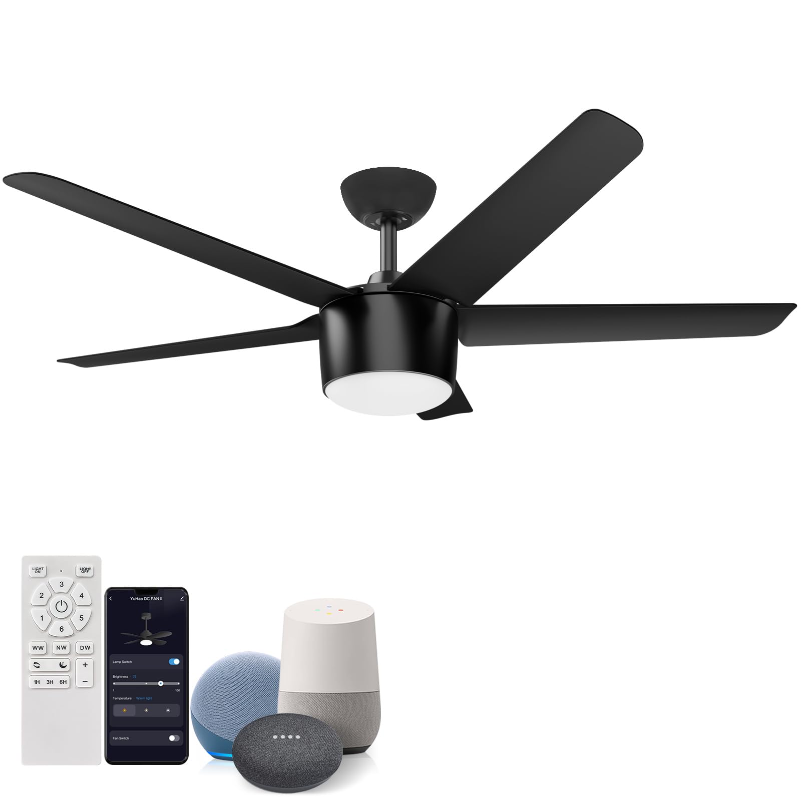 52 Inch Smart Ceiling Fan, DC Reversible Motor Noiseless Timing 3CCT Dimmable