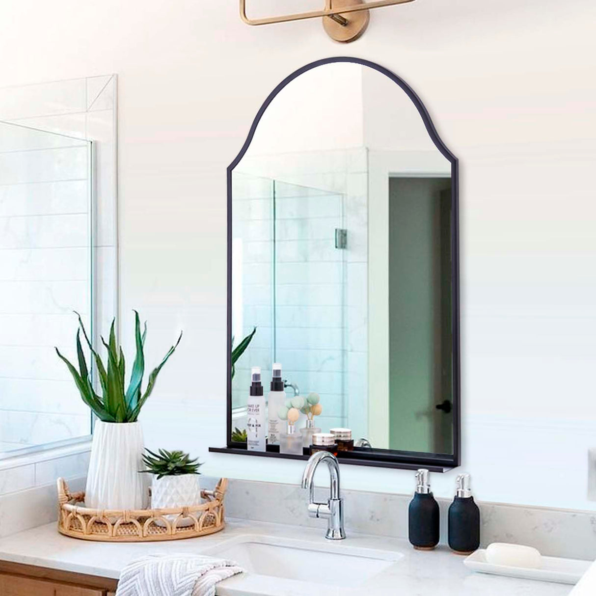 30x20 Black Arch Mirror with Shelf - Matte Metal Frame Wall Mirror