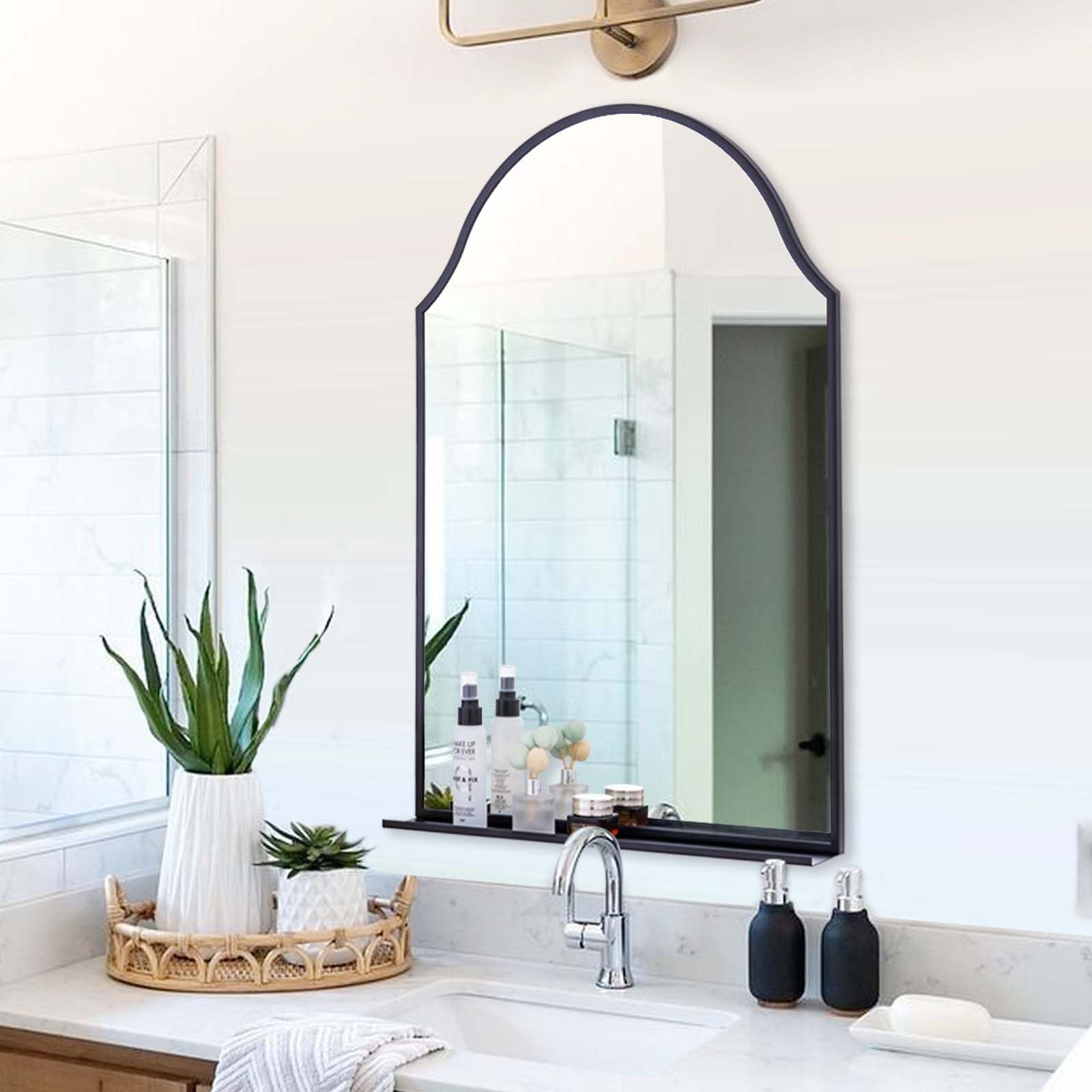 30x20 Black Arch Mirror with Shelf - Matte Metal Frame Wall Mirror