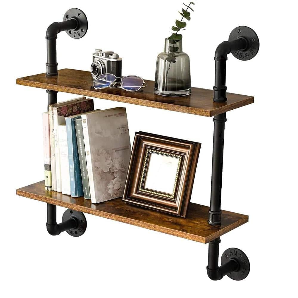 23.62'' Rustic Brown Wall Shelves with Industrial Pipe Brackets, 2-Tier Floating Wood Shelves