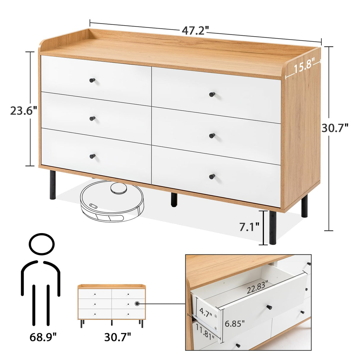 Dresser for Bedroom with 6 Drawers and Metal Handle,Sturdy Frame Modern