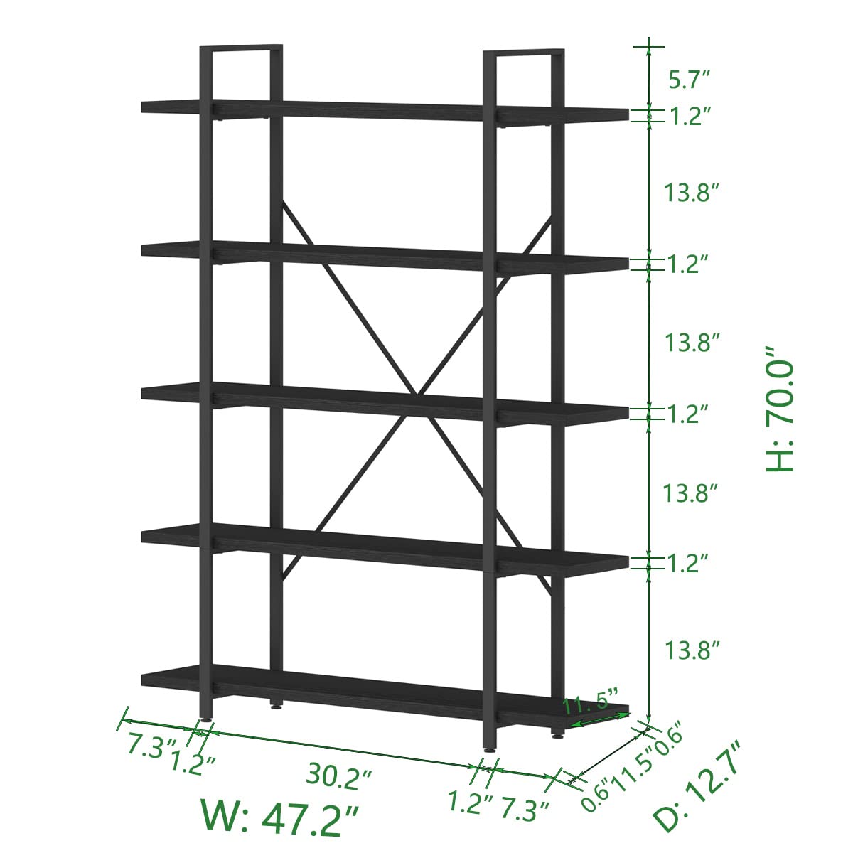 HSH 5 Tier Tall Black Bookshelf, Wood and Metal Storage Book Rack, Industrial Modern Etagere 5 Shelf Bookcase, Large Wide Open Display Book Shelf for Bedroom Living Room Office, Bookshelves Heavy Duty