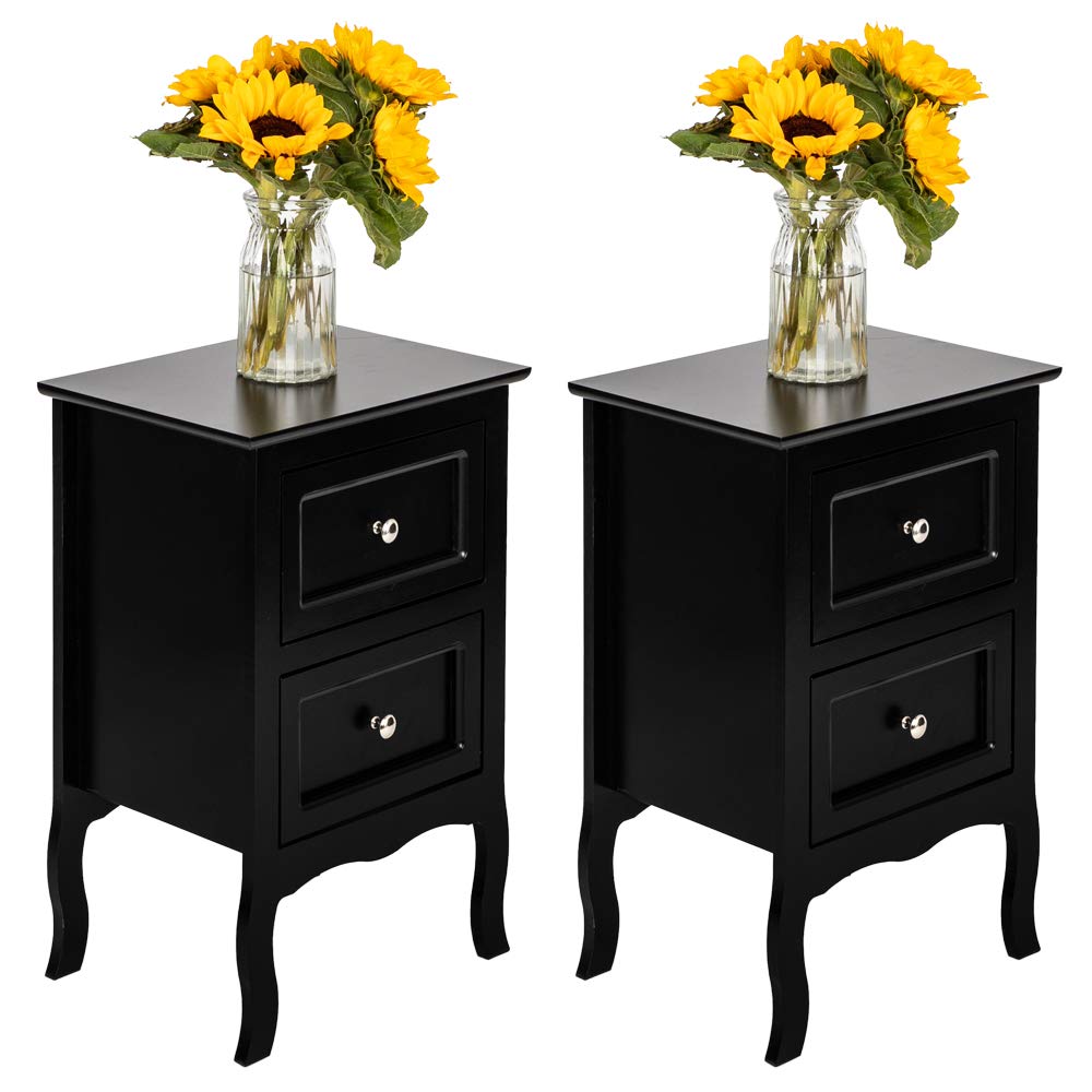 Black Nightstand Set of 2 for Bedroom, Vintage Small Night Stand with Drawers, Farmhouse Side Table,