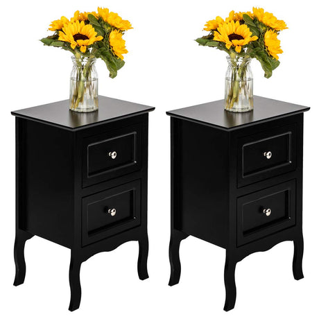 Karl home Black Nightstand Set of 2 for Bedroom, Vintage Small Night Stand with Drawers, Farmhouse Side Table, Wooden End Tables with Curved Legs for Office, Mid-Century