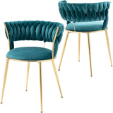 Modern Velvet Dining Chairs Set of 2, Upholstered Living Room Chair with Woven Back and Golden Metal Legs