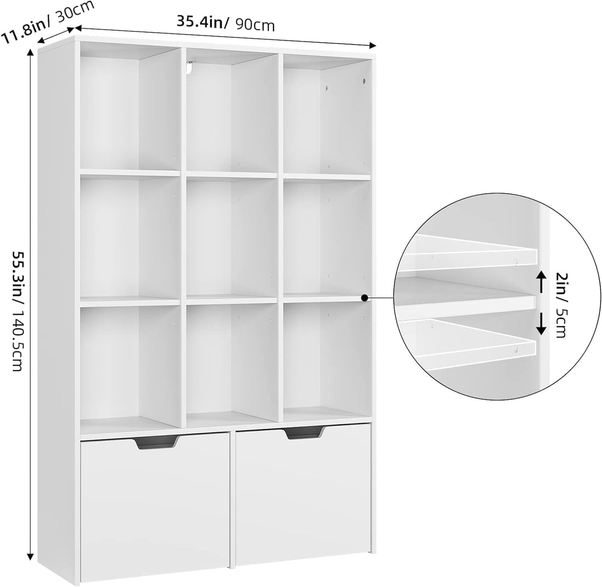 9 Cube Storage Organizer with Drawers, White Tall Bookshelf with Storage