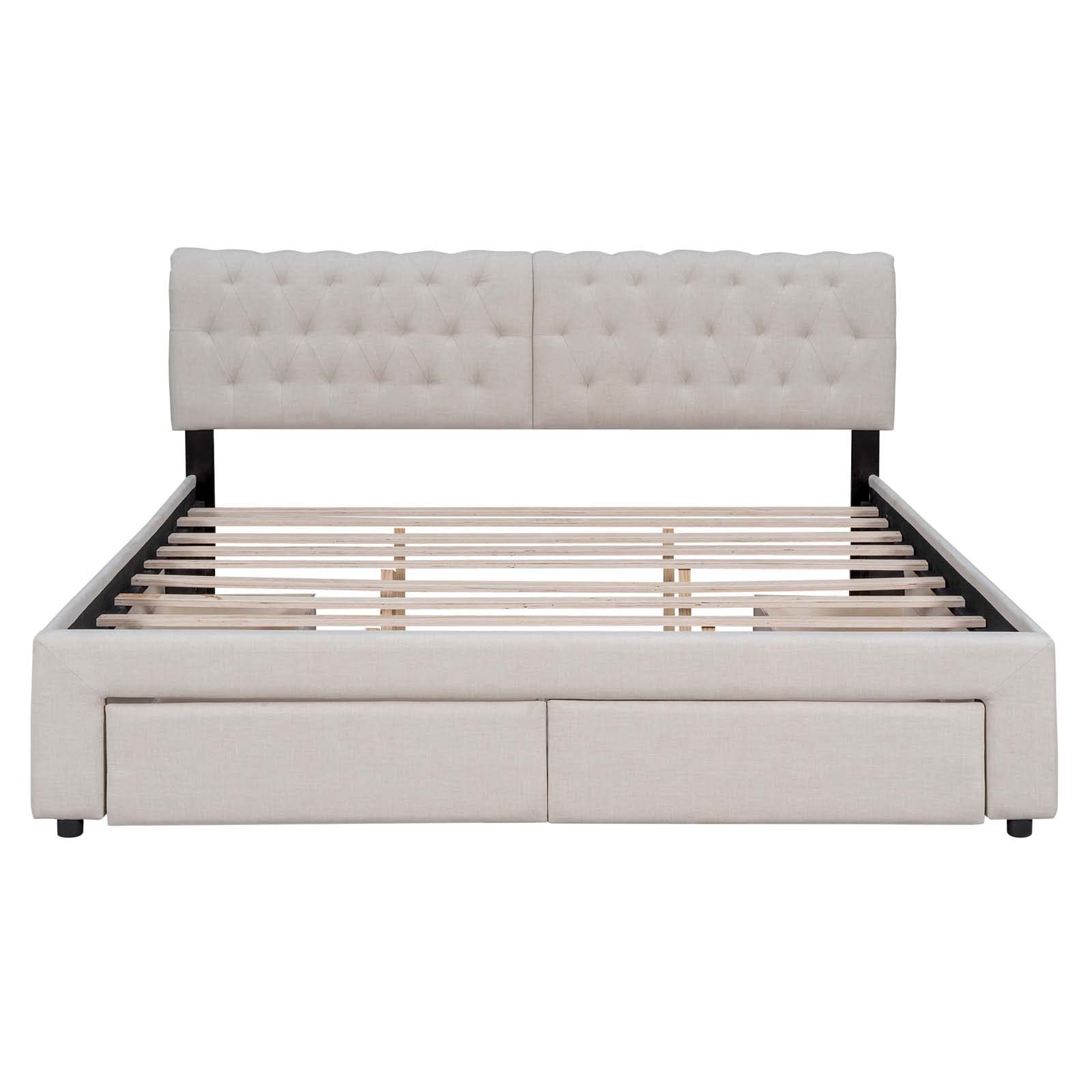 Queen Size Linen Upholstered Platform Bed, Wooden Platform Bed