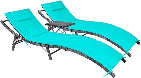 Furniture 3 Pieces Cushioned Rattan Chaise Lounge Sets (Red, Outdoor, Adjustable Back