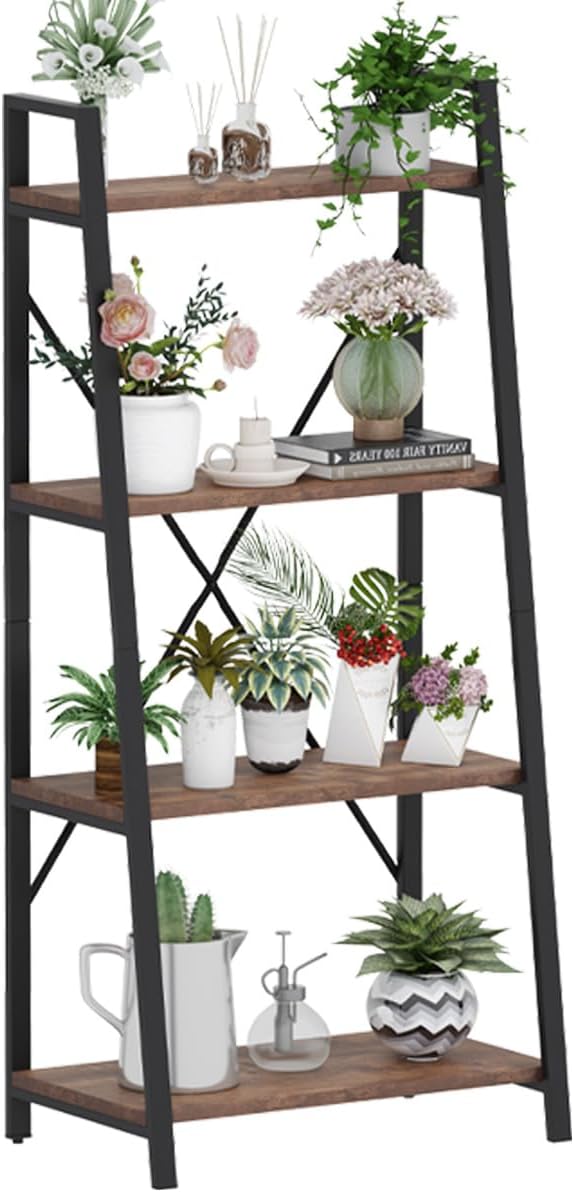 Industrial Ladder Shelf Bookcase, 4 Tier Rustic Ladder Bookshelf, Standing Leaning Book