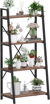 Industrial Ladder Shelf Bookcase, 4 Tier Rustic Ladder Bookshelf, Standing Leaning Book