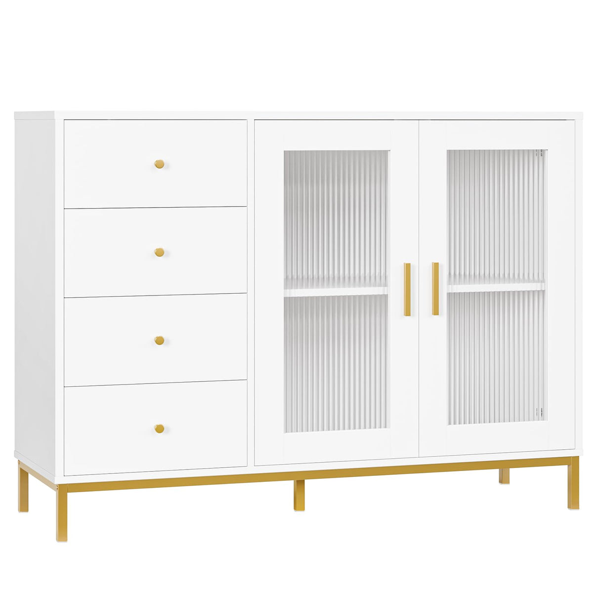 finetones Sideboard Buffet Cabinet with Storage, 47.2" White Gold Kitchen Cabinet with Fluted Glass Doors and Gold Metal Legs,