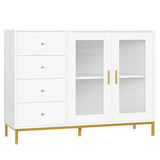 finetones Sideboard Buffet Cabinet with Storage, 47.2" White Gold Kitchen Cabinet with Fluted Glass Doors and Gold Metal Legs,