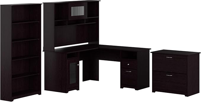 L Shaped Desk with Hutch, 5 Shelf Bookcase and Lateral File Cabinet | Cabot Collection