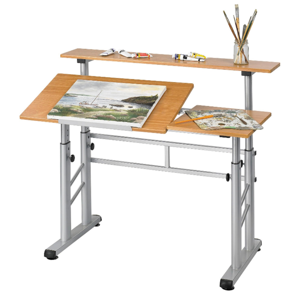 Split-Level Drafting Table Height Adjustable Sit-to-Stand, 29.5" to 37.5", Medium Oak