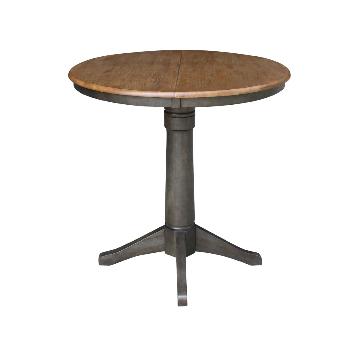 IC International Concepts 36" Round Top Pedestal 12" Leaf-36.1" H-Counter Height Dining table, Hickory/Washed coal