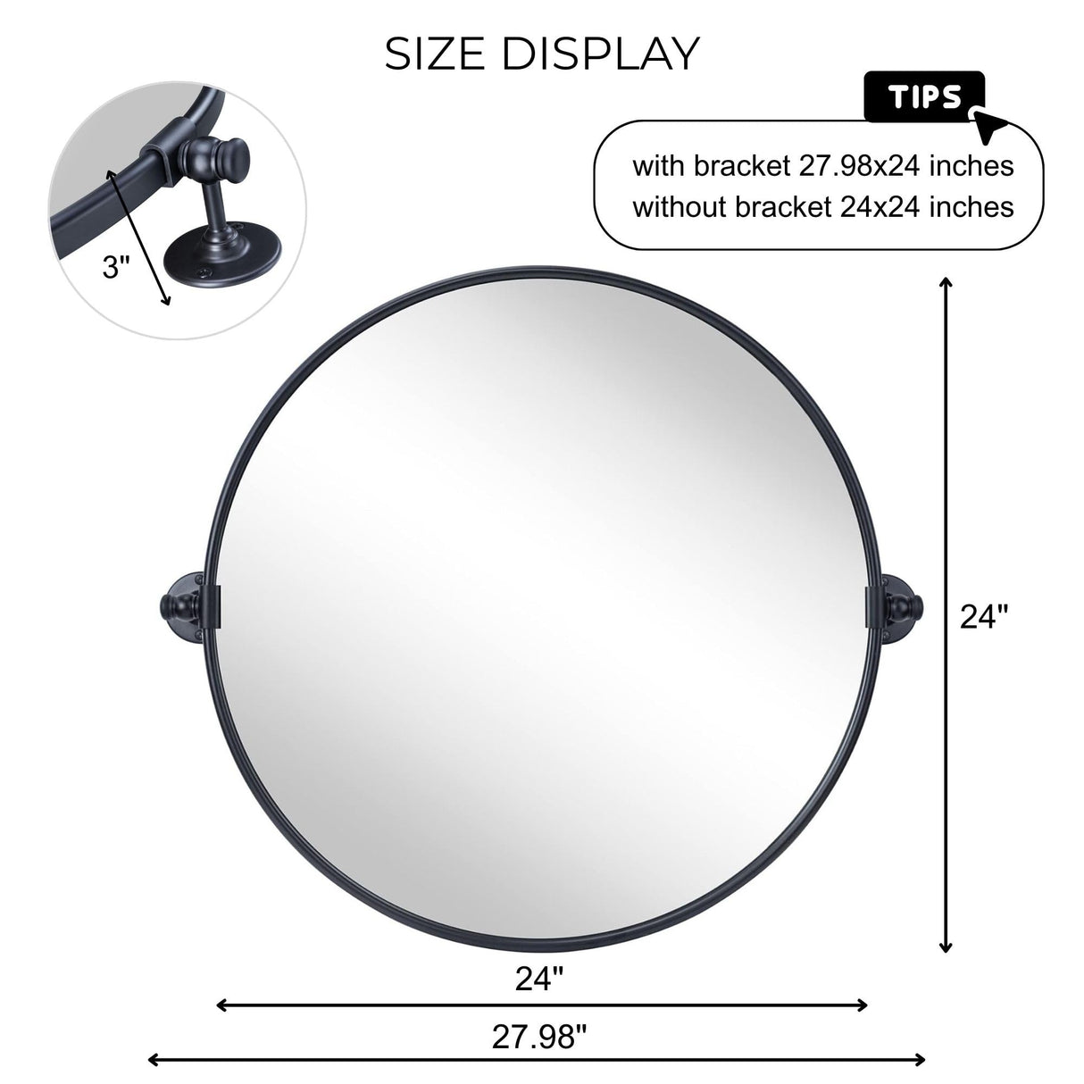 Round Pivot Bathroom Mirror - 24" Black Metal Framed Tilting Wall Mount