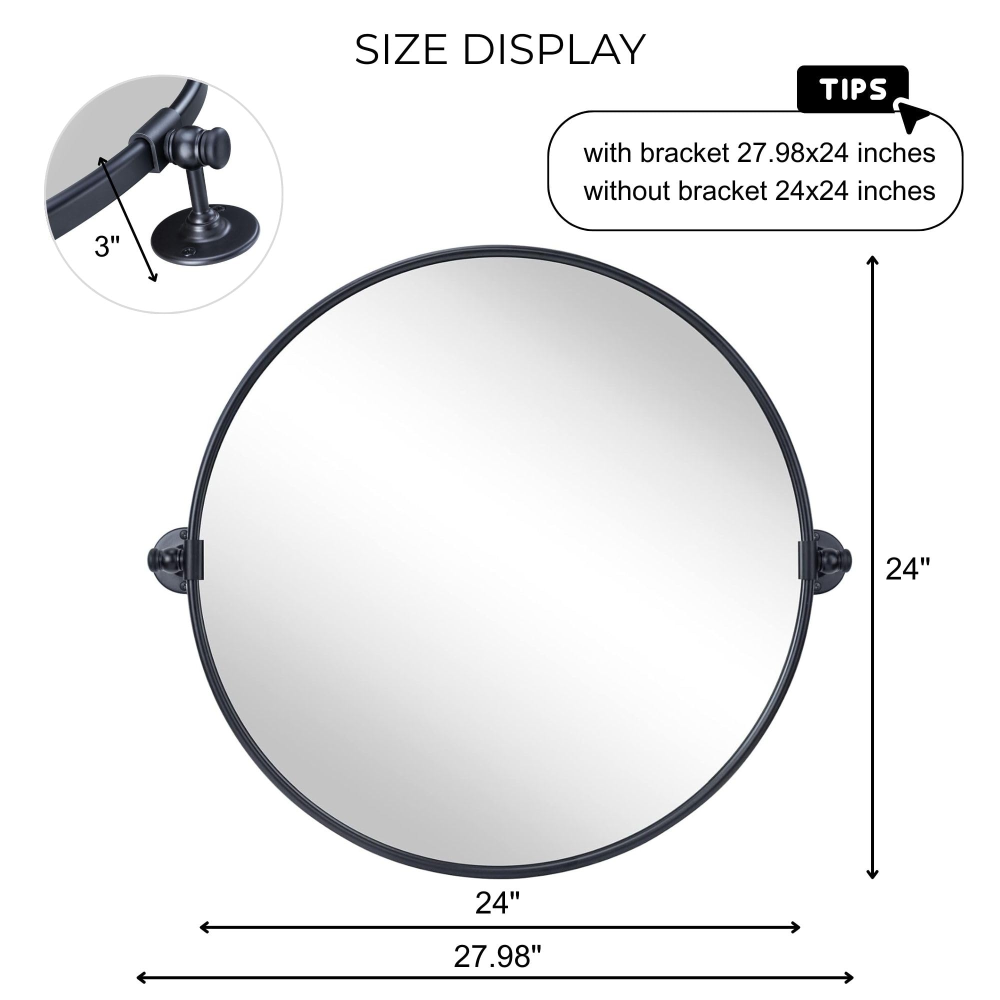 Round Pivot Bathroom Mirror - 24" Black Metal Framed Tilting Wall Mount