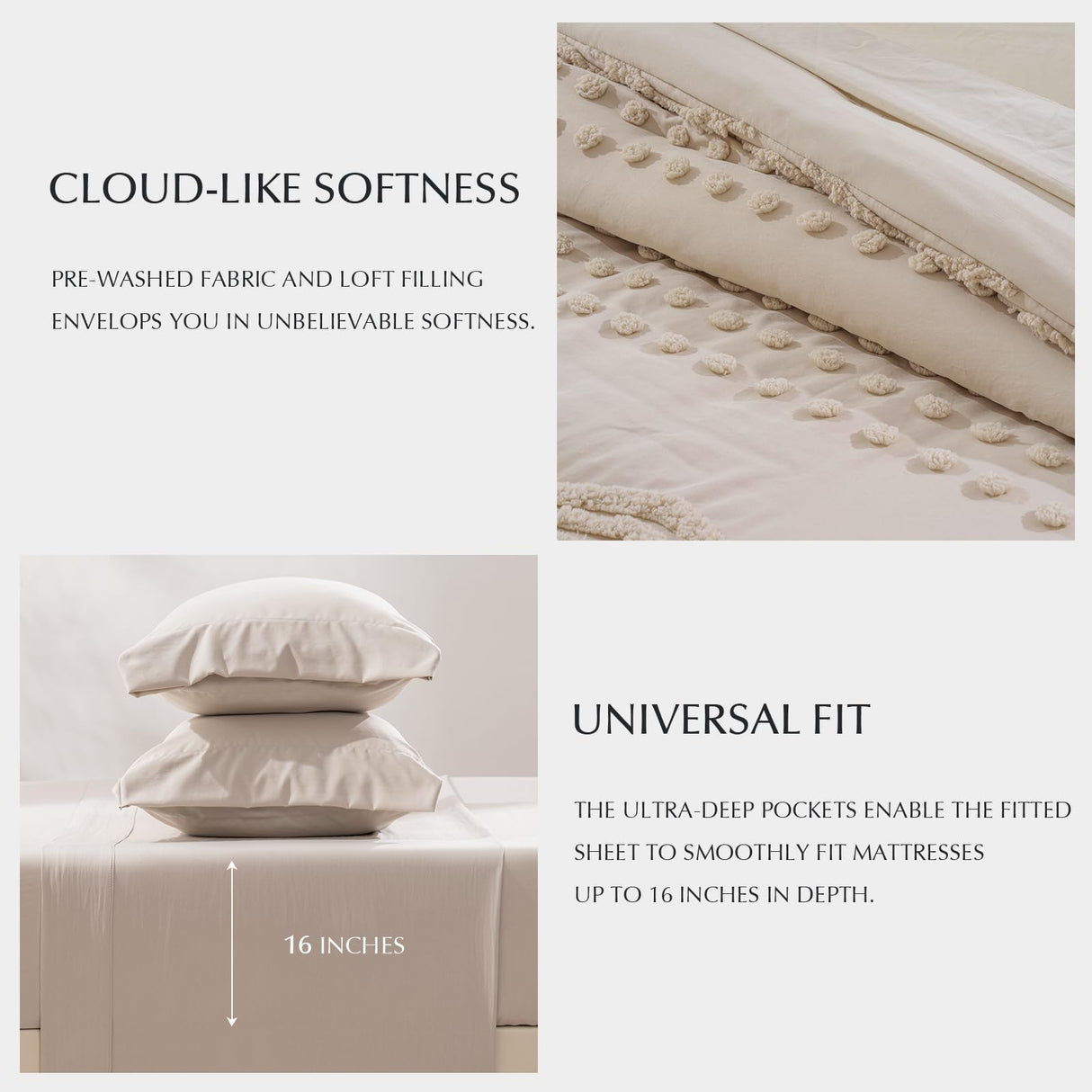 EVERGRACE King Size Comforter Set 7 Pieces Bed in a Bag for College Dorm, Beige Tufted Shabby Chic Boho Comforter and Sheet Set with Pom Pom Textured, Soft Fluffy Farmhouse Complete Bedding Set