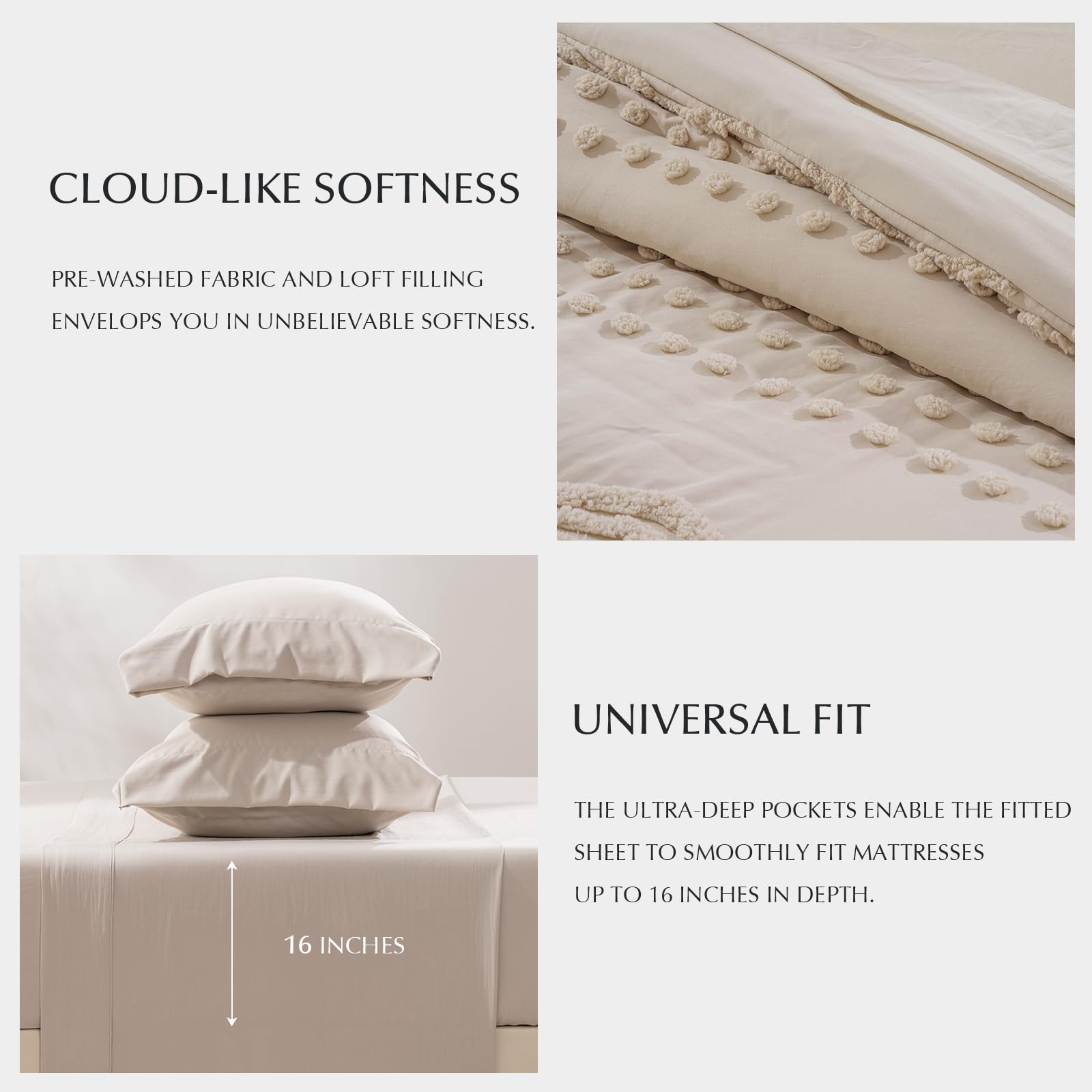 EVERGRACE King Size Comforter Set 7 Pieces Bed in a Bag for College Dorm, Beige Tufted Shabby Chic Boho Comforter and Sheet Set with Pom Pom Textured, Soft Fluffy Farmhouse Complete Bedding Set