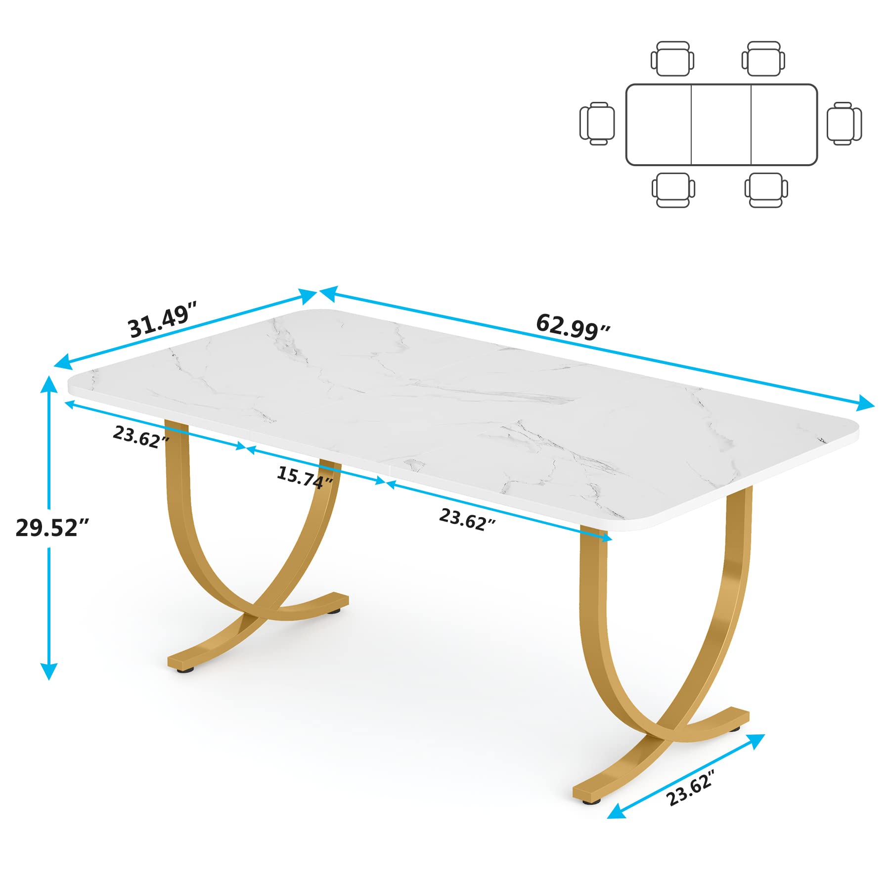 Dining Room Table, Kitchen Table with Faux Marble Table Top and Gold Metal Legs