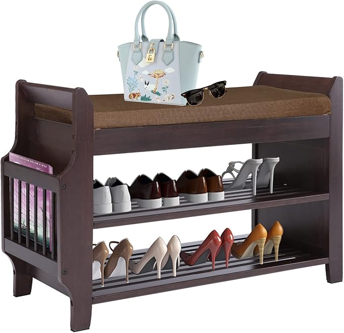 Shoe Rack Bench Entryway, Bamboo Shoe Bench with Removable Cushion