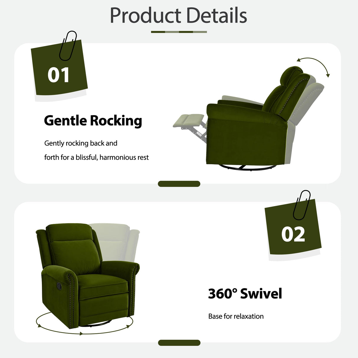 360° Swivel Recliner, Velvet Rocking Recliner Upholstered Recliner Chair, Rocker with Adjustable Backrest Nailhead Trims, Green