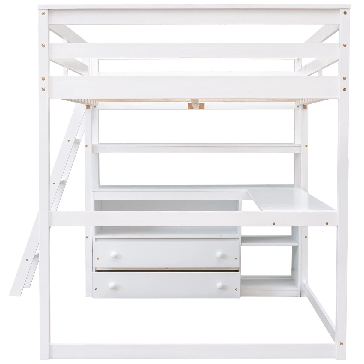 Full Size Loft Bed with Desk and Storage, Solid Wood Loft Bed Frame