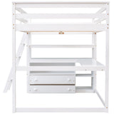 Full Size Loft Bed with Desk and Storage, Solid Wood Loft Bed Frame