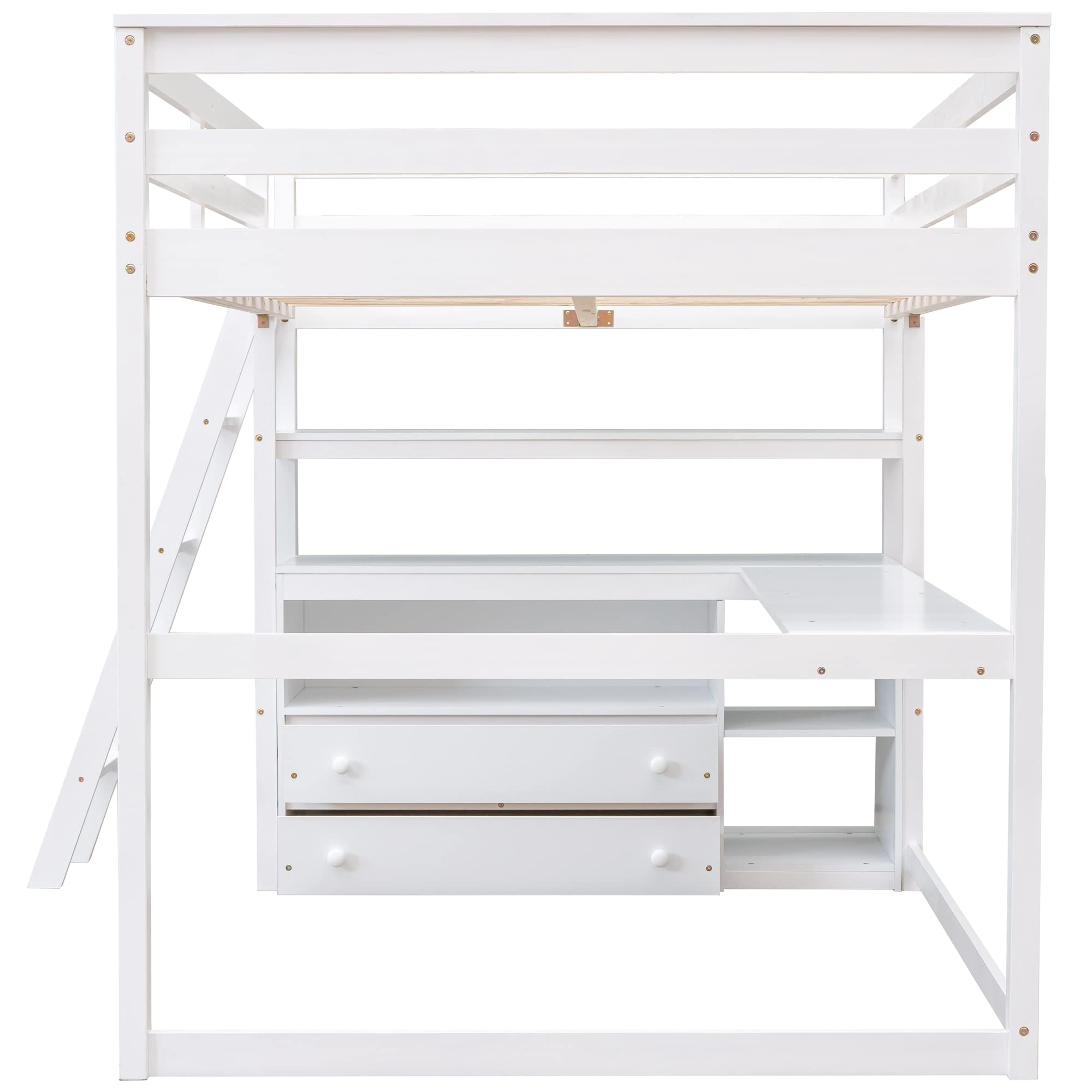 Full Size Loft Bed with Desk and Storage, Solid Wood Loft Bed Frame