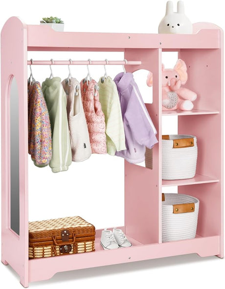 Kids Clothing Rack and Armoire with Mirror, Appropriate Height Kids Dress up Storage