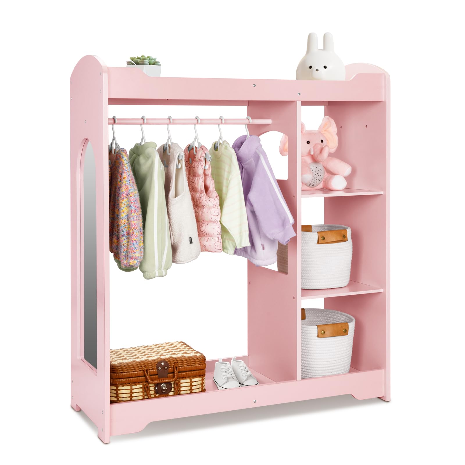 Kids Clothing Rack and Armoire with Mirror, Appropriate Height Kids Dress up Storage