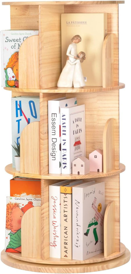 Solid Wood Rotating Bookshelf Tower, Spinning Bookshelf with Large Capacity for Small Space, 360° Display 4 Tier Thick Corner Shelf with Texture for Office, Bedroom, Reading Room, Living Room