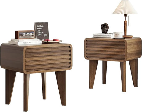 Nightstands Set of 2 Mid Century Modern Night Stand Wood Accent Bedside Table with Drawer Small Side Table for Small Space End Table for Bedroom Living Room, Walnut 2PCS