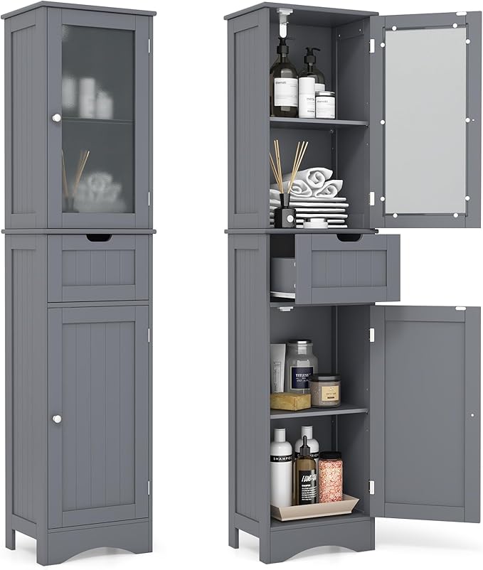 67" Tall Bathroom Storage Cabinet, Slim Freestanding Tower w/ 2 Doors & 1 Drawer