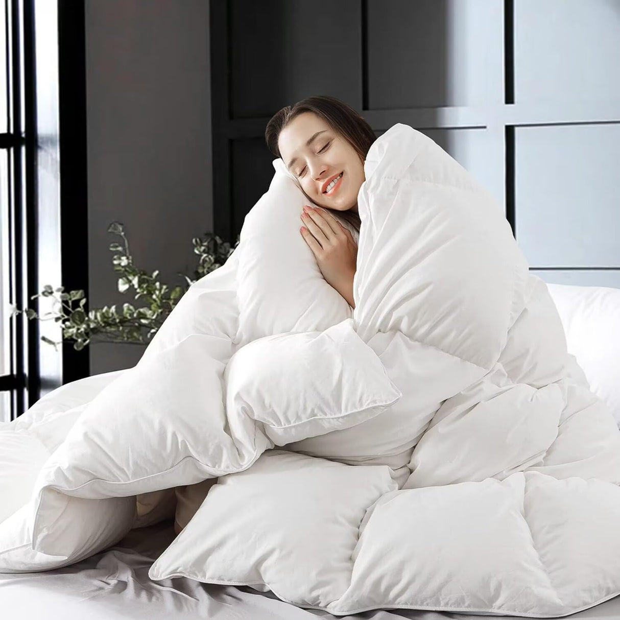 White Queen Size Feather Down Comforter, Filled with Feather and Down, All Season