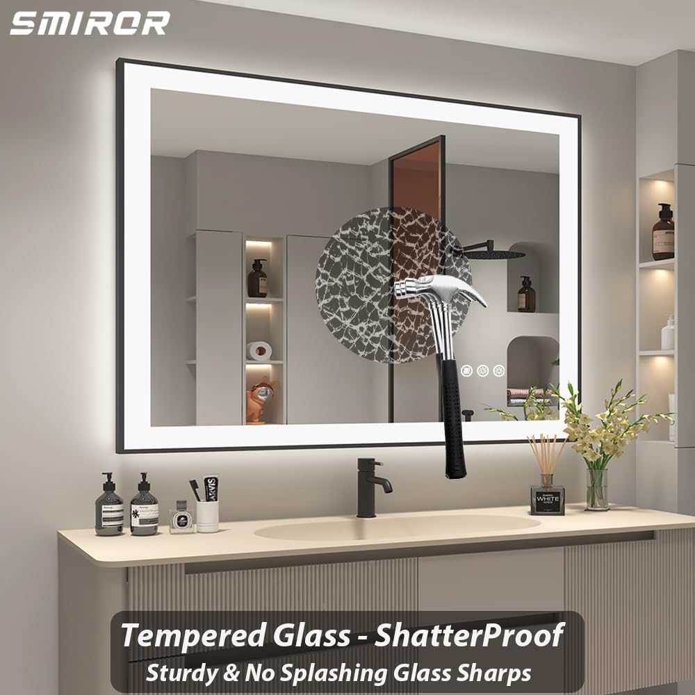 48x 36 Led Lighted Mirror for Bathroom Wall, Modern Vanity Mirror with Black Trim,