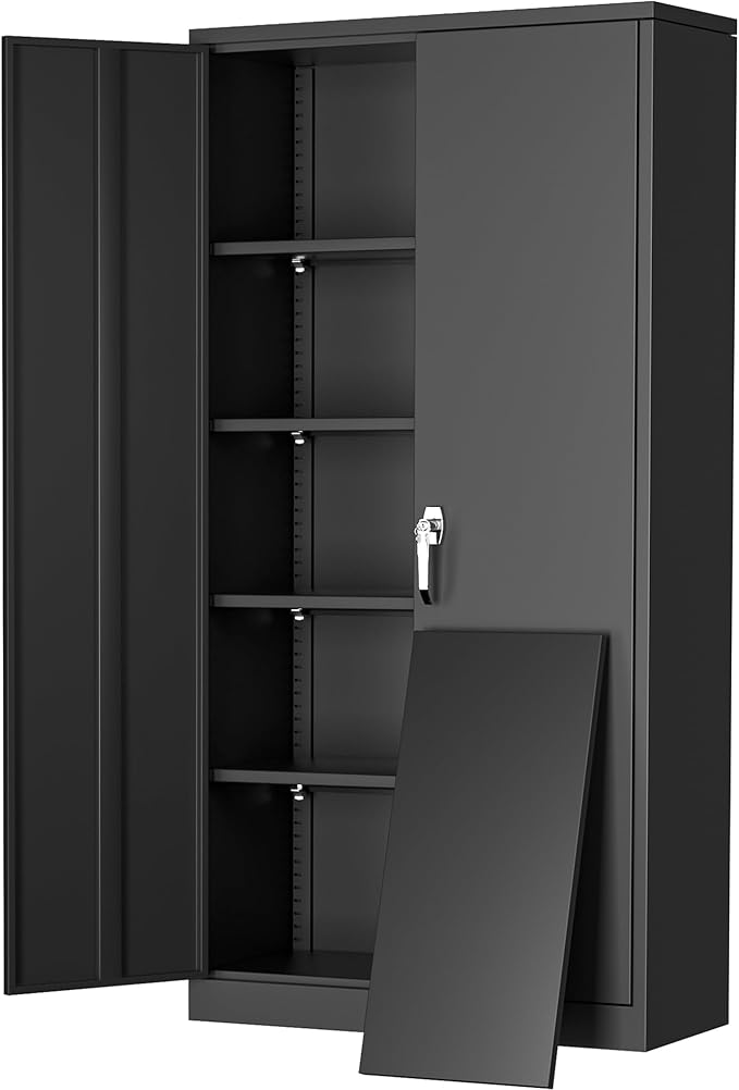 Metal Garage Cabinet, White 42" Lockable Storage Cabinet with Doors and Shelves