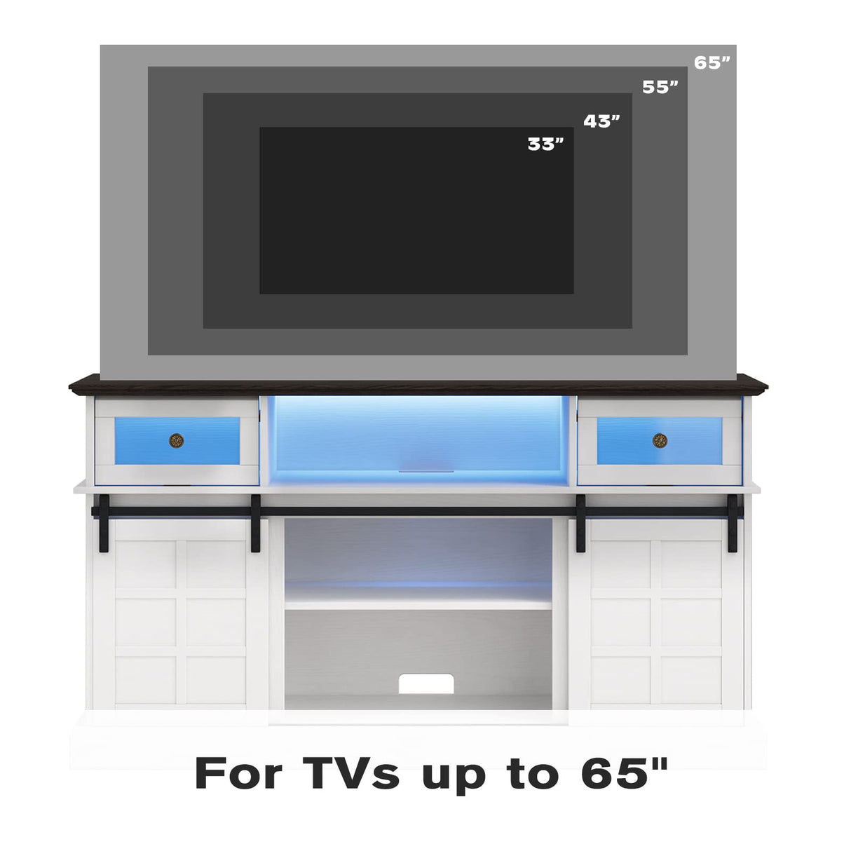 Farmhouse TV Stand w/LED Light, White TV Stand for 65 inch TVs, Entertainment Center