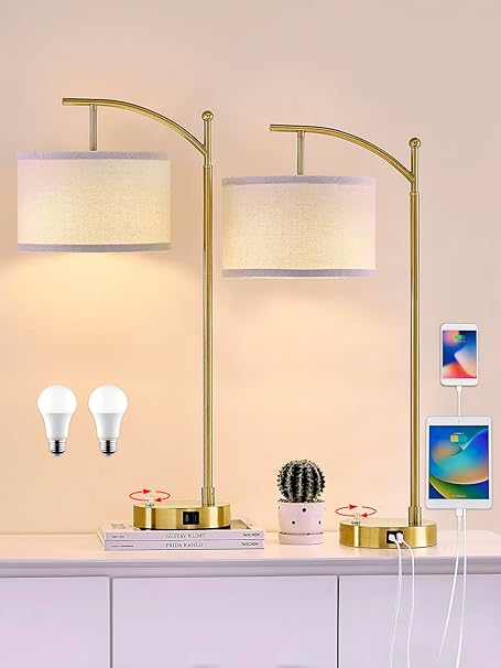 23.5" Table Lamps Set of 2 with USB C+A Ports and Dimmable LED Bulbs