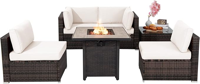 6 Piece Outdoor Rattan Sofa Set with 30in Propane Gas Fire Table