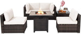 6 Piece Outdoor Rattan Sofa Set with 30in Propane Gas Fire Table