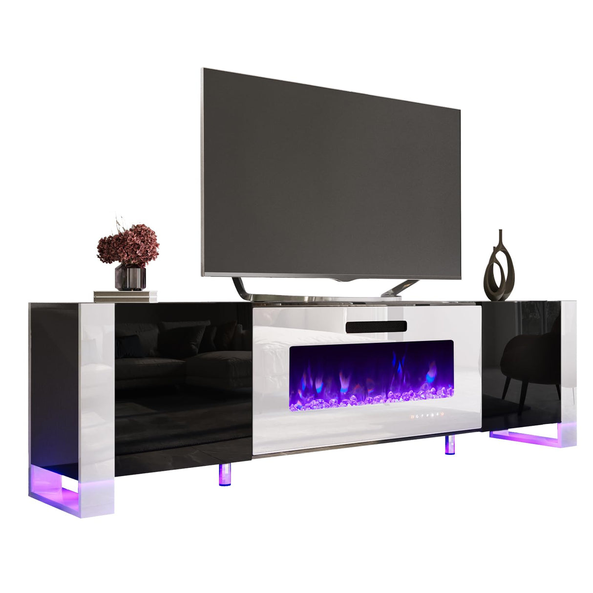 Fireplace TV Stand with 40" Fireplace, 80" Modern High Gloss Entertainment Center LED