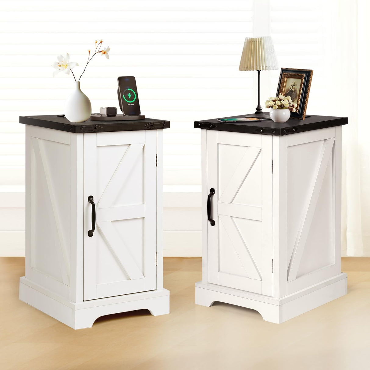 2PCS Farmhouse Nightstand with Charging Station, 17" Rectangular End Table