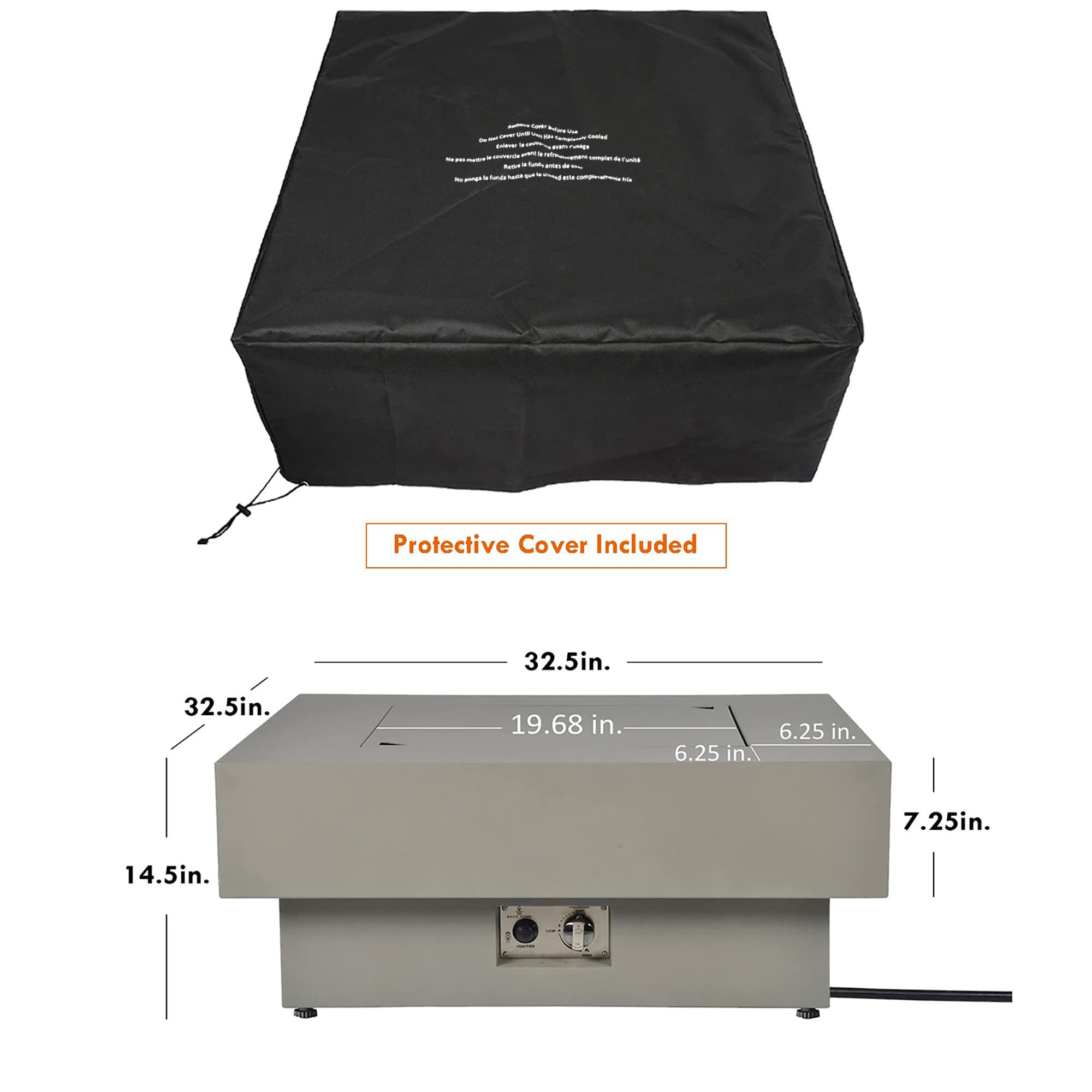 BAIDE HOME Propane Fire Pit Table, 33-inch 50,000 BTU Outdoor Gas Fireplace for Patio, Square Low Profile Fire Table w/Lid, Glass Rocks, Rain Cover, Pre-Attached 10ft Propane Hose, Flint Gray