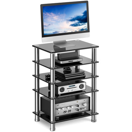 Audio-Video Media Stand with 5-Tier Tempered Glass Shelves, Modern AV Cabinet