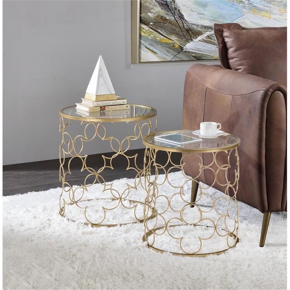 Flowie 2-Piece Round Glass Top Nesting Table in Clear and Gold