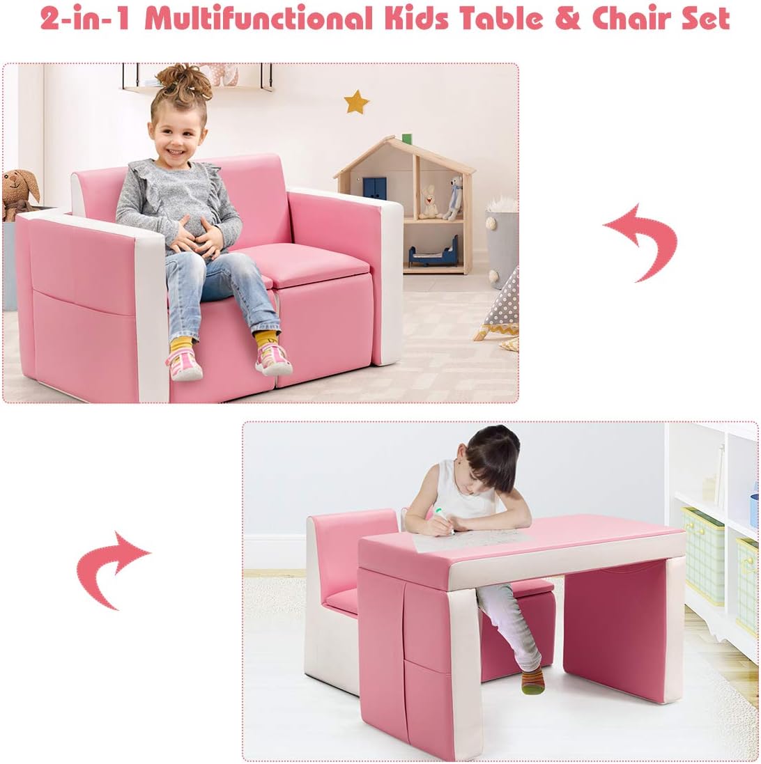 Couch, 2 in 1 Double Seat Children's Sofa Convert to Table and Two Chairs for School, Storage Space, PVC Surface, Large Soft Kids Preschool Sofa Couch for Boys Girls Gifts (Pink)